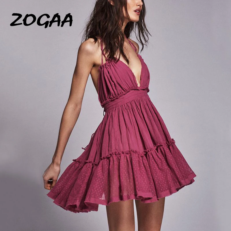 ZOGAA Для женщин летнее платье в стиле Boho Chic богемном с лямкой на шее оборками