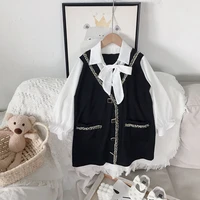 girl dresses 2021 spring autumn bow puff sleeves stitching children princess dress 2 12 years baby kids single breasted clothing