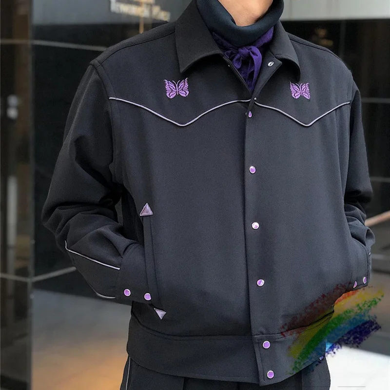 

Black Needles Jacket Men Women 1:1 High Quality Vintage Classic Butterfly Embroidered Needles AWGE Coats Inside Tag Label