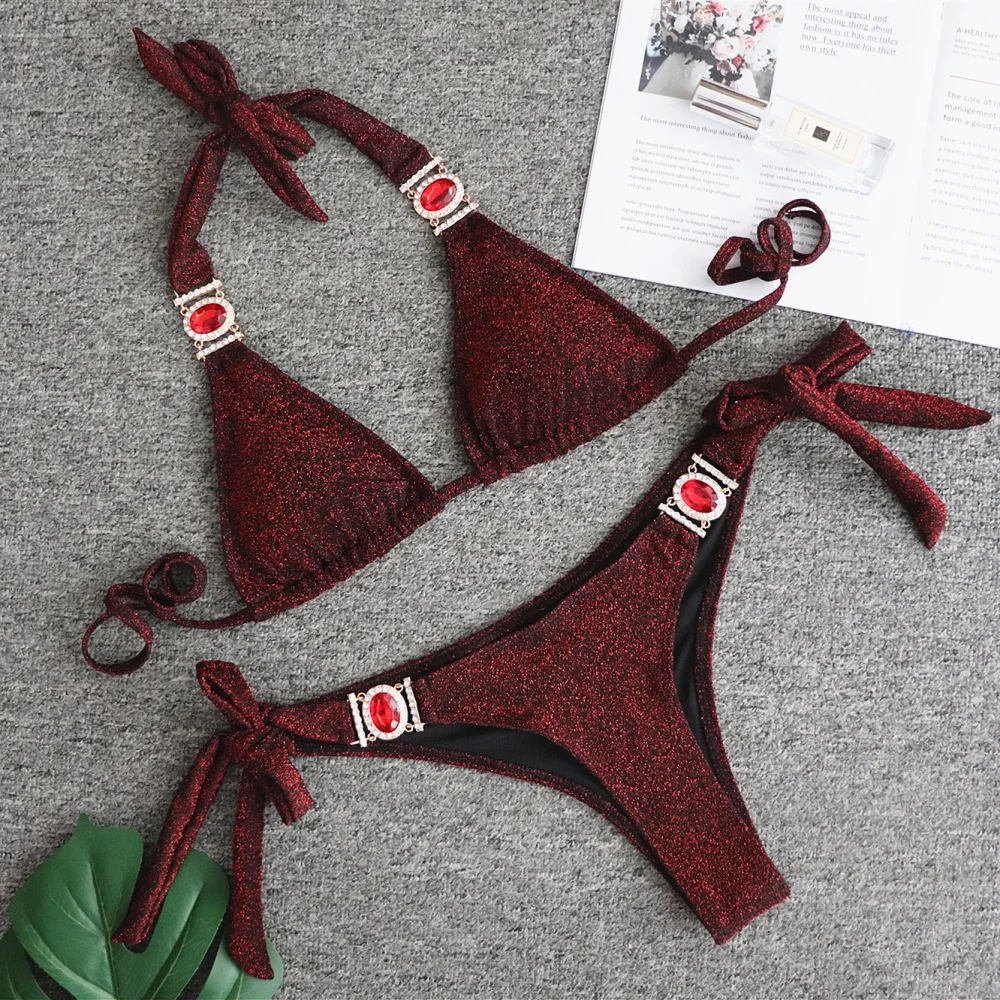 

2021 European and American sexy shiny swimwear crystal diamond bikini gold strap swimsuit women's 2-piece swimsuit set