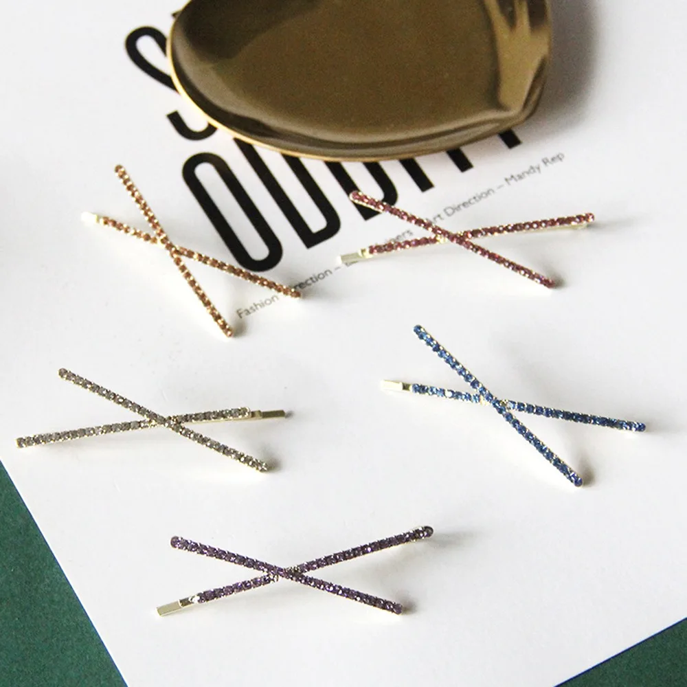 

2020 NEW Korea Fashion Shiny Crystal Rhinestones Hair Clips for Women Hair Accessories Geometric Triangle X Shape Hairpins