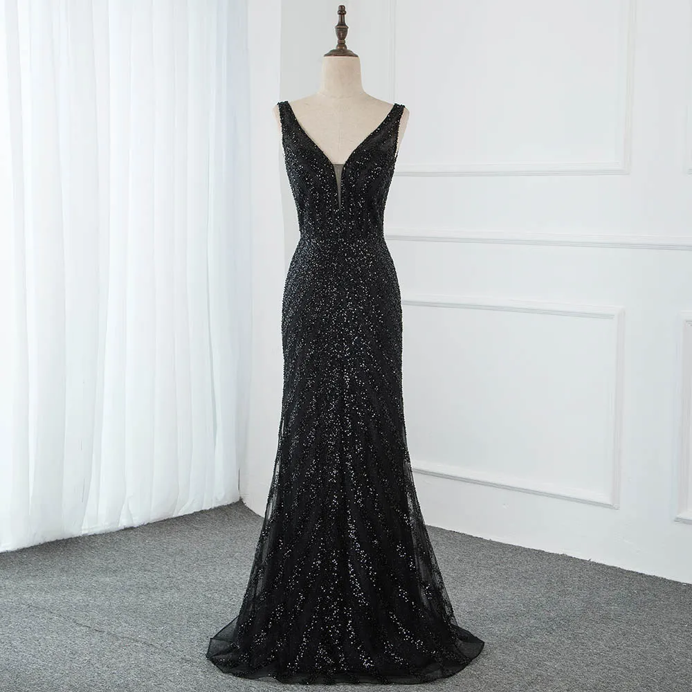 Сексуальные черные вечерние платья YQLNNE с V-образным вырезом и бисером длинное