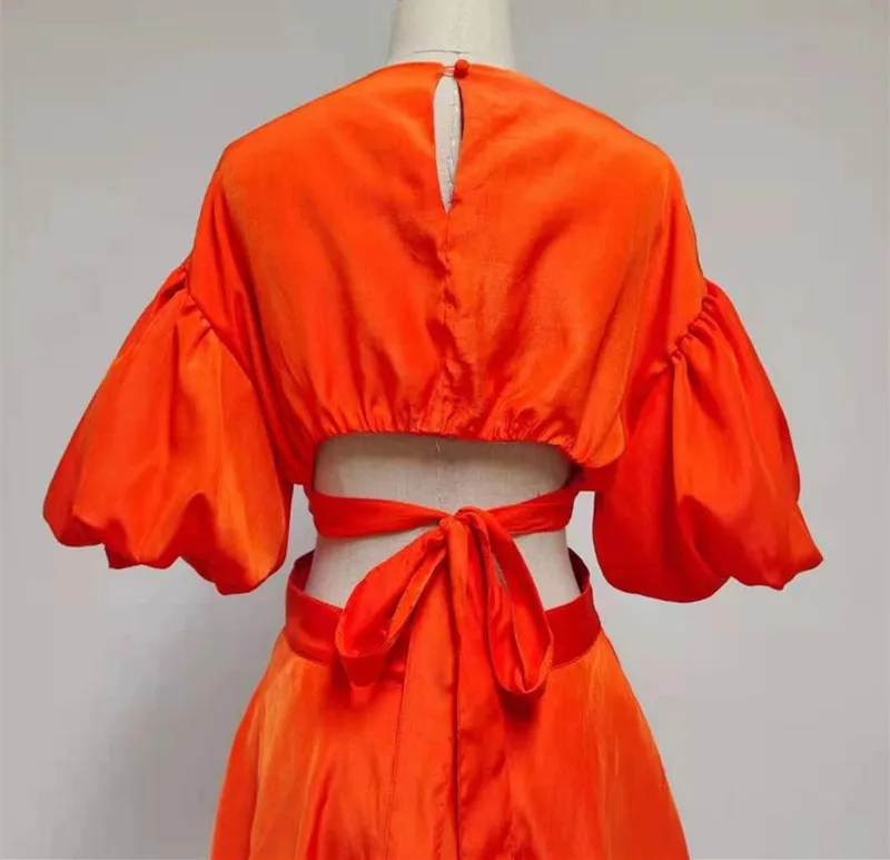 

[Aurance] Women Sexy Mini Soild Hollow Out Backless Dress Puff Sleeve Lace Up High Waist Dresses Fashion Orange Summer Clothing