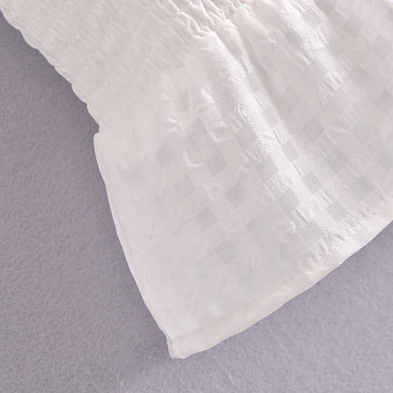 

Artsnie White Plaid Ruffles Slim Blouse Women Summer 2021 Turn Down Collar Long Sleeve Crop Tops Ladies Cropped Tops Blouses