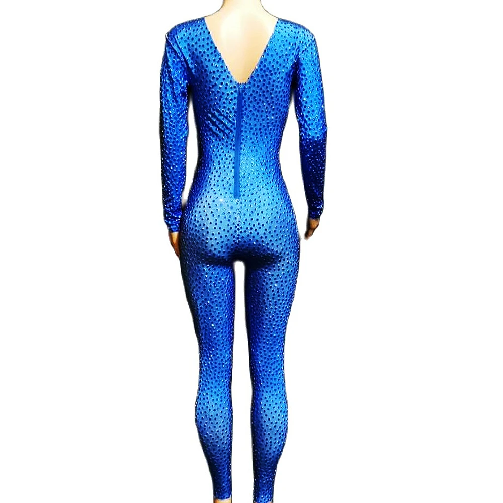 Костюм для ночного клуба и выступлений на сцене "Royal Blue V-Neck Backless Jumpsuit Full Rhinestones Long Sleeve Bodycon Women Nightclub Dance Wear Stage Costumes For Singers" - "Костюм для ночного клуба и выступлений на сцене с расклешенн