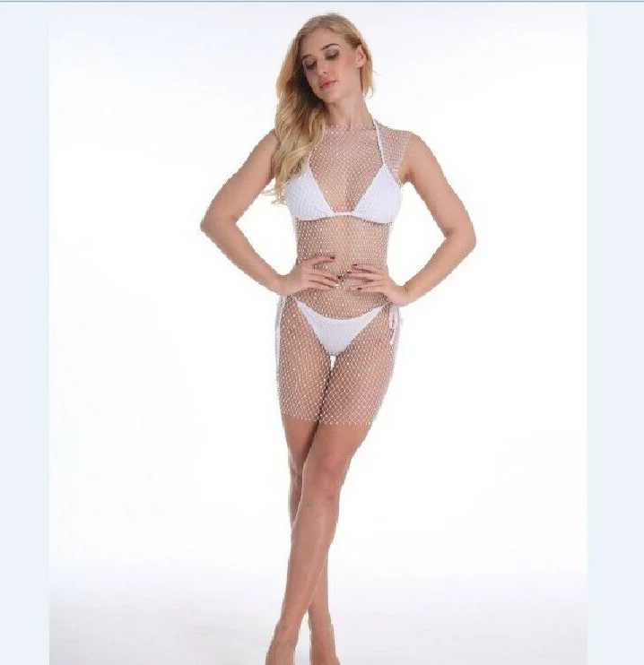 

Bikini Women Bling Crystal Cover Up Tops Sexy Fishnet Hollow Out See Through Swimsuit Swimwear Tops Black White