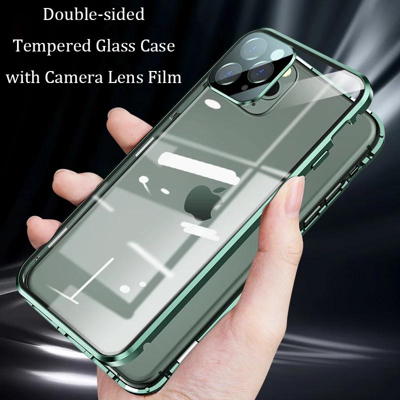 

Magnetic Phone Case For iphone 12 Pro Max Tempered Glass Case for iphone 12 Mini Magnetic Case with Camera Lens Film iphone12