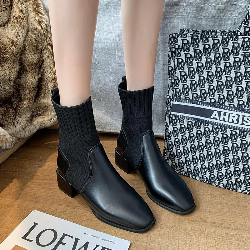 

2020 Spring and Autumn New elastic boot woman retro square toe skinny boot versatile coarse heel single shoe X509