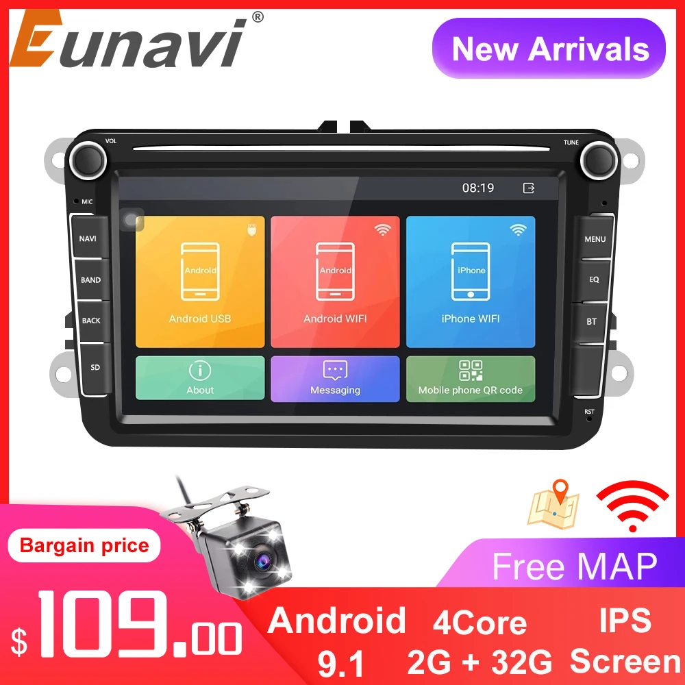 

Автомагнитола Eunavi, 2 Din, Android, мультимедийный плеер для VW / Volkswagen Skoda Octavia golf 5 6 touran passat B6 polo Jetta GPS Navi