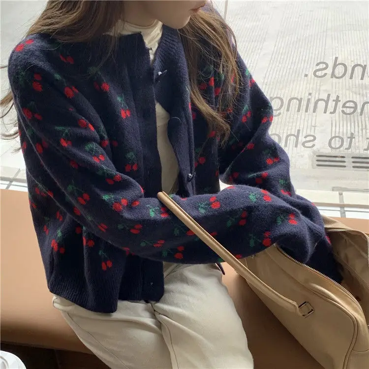 

2021 Women Spring Autumn New Loose Knit Cardigan Jacket Female Cherry Printed Sweater Coats Ladies O-neck Jumper Overcoats Y467