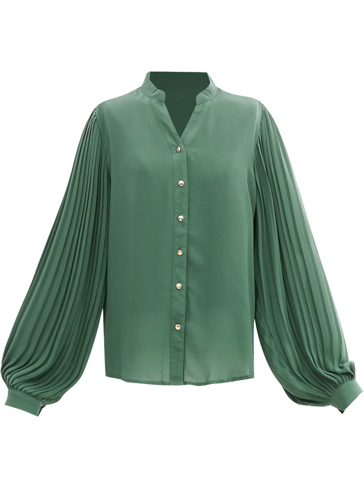 

2020 Women Fashion V-neck Pleated Lantern Sleeve Chiffon Blouse Korean Trendy Style Shirt Top