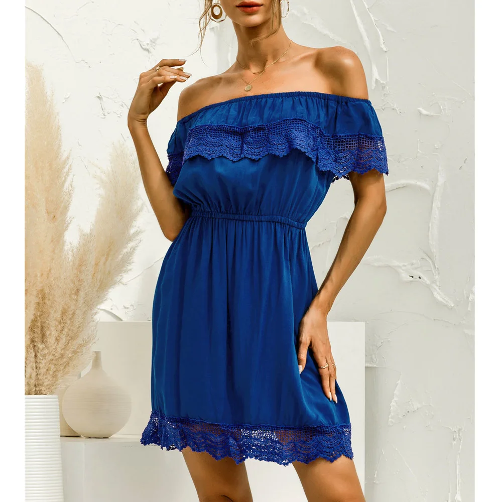 

One-shoulder Sexy Ruffled Mini Dress Hollow Lace Stitching Elastic Waist Solid Color Summer 2021 New Women Dresses Dropshipping