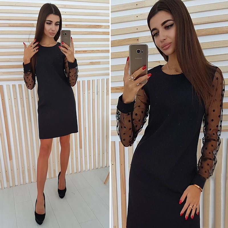 

Women Dress Black Round Neck Mesh Sleeve Polka Dot Patchwork Black Summer Party Dress
