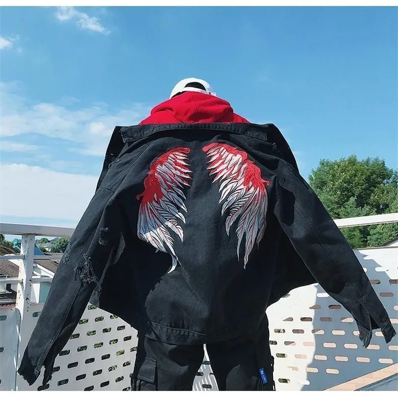 

Spring Loose Hoodie Anime Coat Men Women Fashion Denim Jacket Cool Wing Punk Sweatshirt Male Japan Harajuku High Street Tops