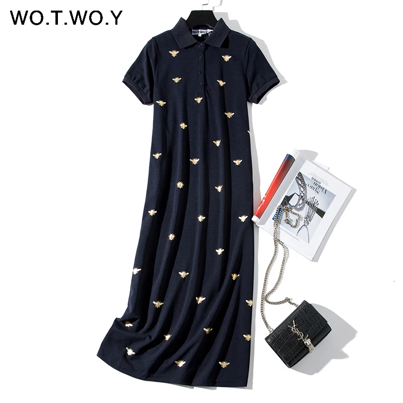 WOTWOY Bee Print Long Knee-Length Shirt Dresses Women Casual Turn-down Polo Straight Dress Female Pockets Cotton Clothes