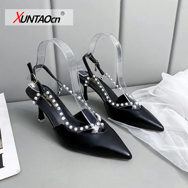 Fashion Pearl Buckle Stiletto Heels Pumps Women Sexy Slingbacks Pointed Teo Party Shoes Women Patchwork Pvc Sandals Lady
