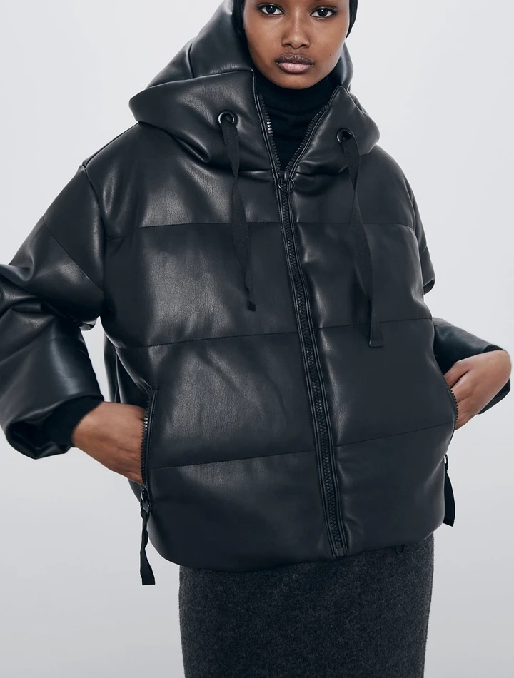 

Black Parkas Zipper Faux Leather Coat Winter Hooded Jacket Women Cotton-padded Thicker Warm Bread Coat European Clothing 2019