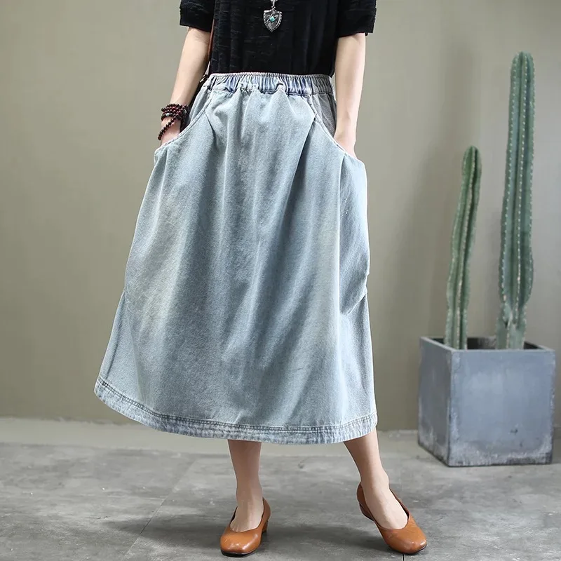 

Юбка женская трапециевидная Джинсовая, длинная винтажная юбка с завышенной талией, большие размеры