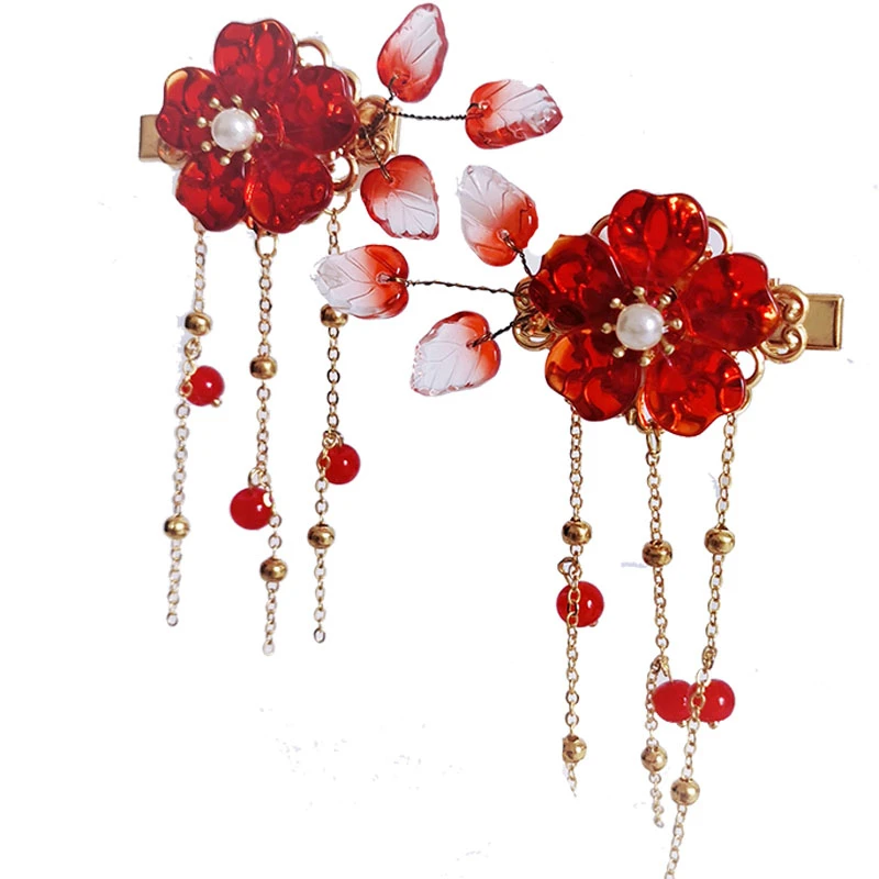 1 пара заколки для волос с кисточкой в стиле ретро красными цветами девочек