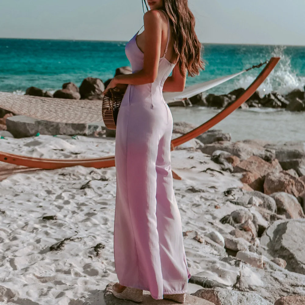 

Women Pink Elegant Wide Leg Pants Jumpsuit Female Deep V Neck Split Sling Sexy Commuter One Piece Outfits Fashion Rompers 2021