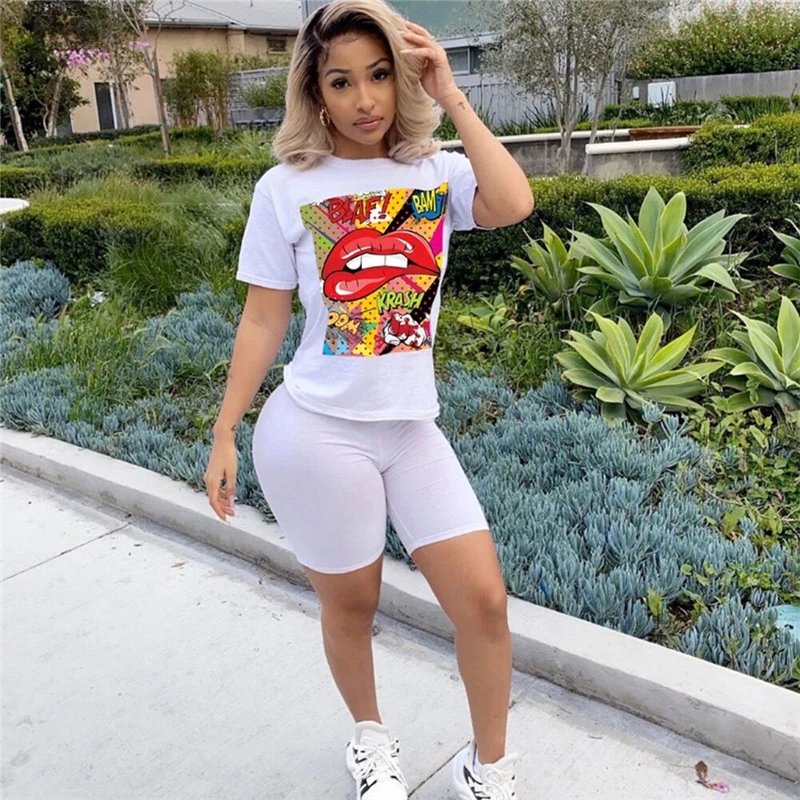 

2020 New Women Summer Casual Cotton Clothes Sets Cartoon Printed Short Sleeve Tops T-shirt + Shorts Female Tracksuit Outfits