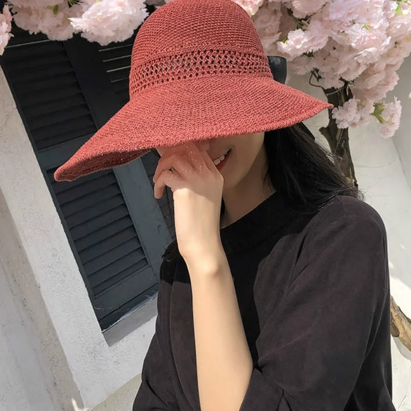 

New Knitted Empty Top Hat Female Summer Sunscreen Bow Big Hat Straw Hat Outdoor Sun Hat