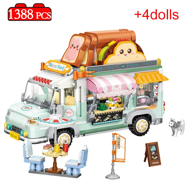 

1388pcs City Street View Mini Bakery Truck Vehicle Building Blocks Friends Dining Car Bread Beverage Figures Bricks Toy for Kid