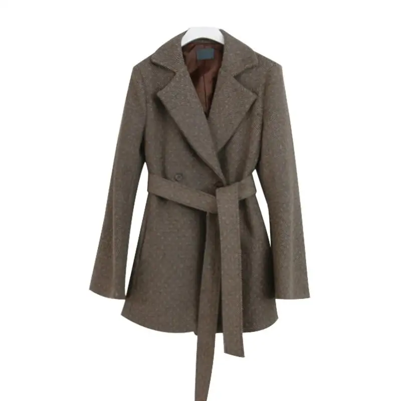 Women Autumn Winter Luxury Wool Blends Sash Waisted Slim Coats Elegant Plaid Printed OL Suits Vintage Chic Outfits | Женская одежда