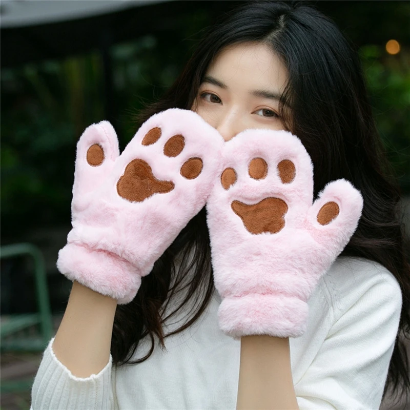 

Women Winter Fuzzy Plush Full Finger Gloves Cartoon Cat Paw Windproof Ski Mitten