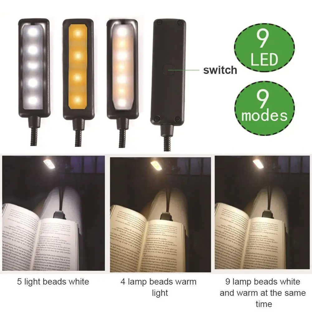 

9 Brightness Levels Diamable Book Light USB Charging LED Clip Bedside Reading Light Student Table Lamp Sheet music Light