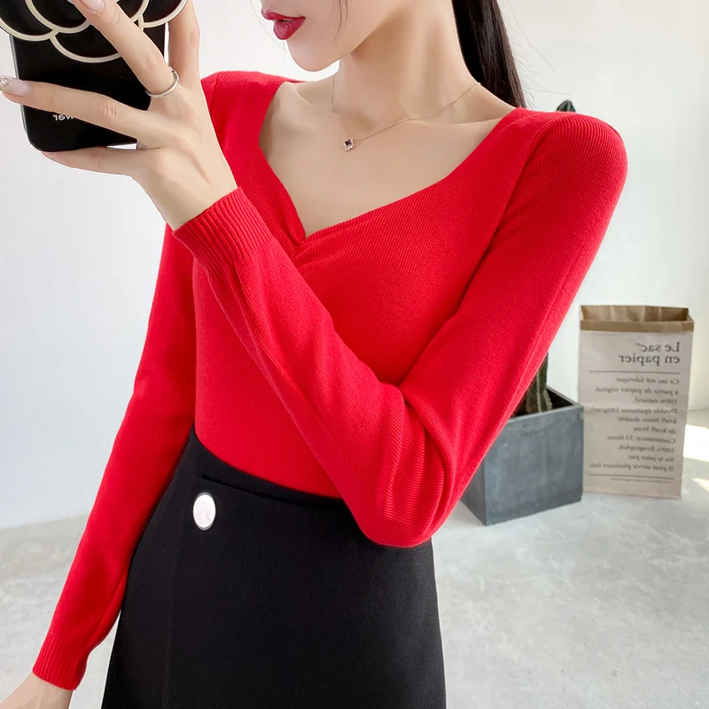 

Autumn and Winter 2020 New V-neck Pullover Sweater Female Slim Fit Skinny Inner Match Short All-Match Long Sleeve Bottoming