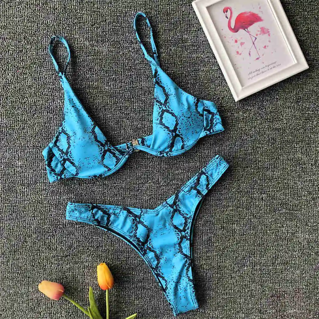 Blue Snake Printed Сексуальный V-bar бикини на косточках женский купальник Женская одежда для плавания комплект бикини из двух частей V образная проволока купальный костюм V439 - Цвет: Blue Snake Printed