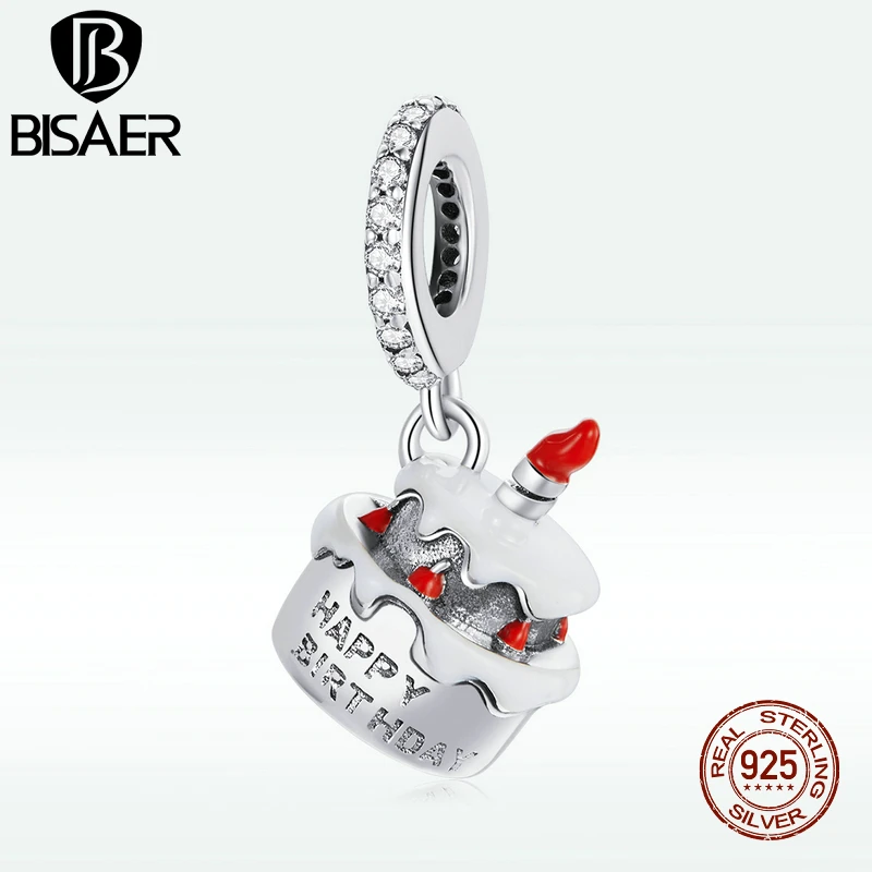 

BISAER Happy Life Series 100% 925 Sterling Silver Birthday Cake Pendant Charms Fit Bracelets Bangles DIY Jewelry Making GXC1848