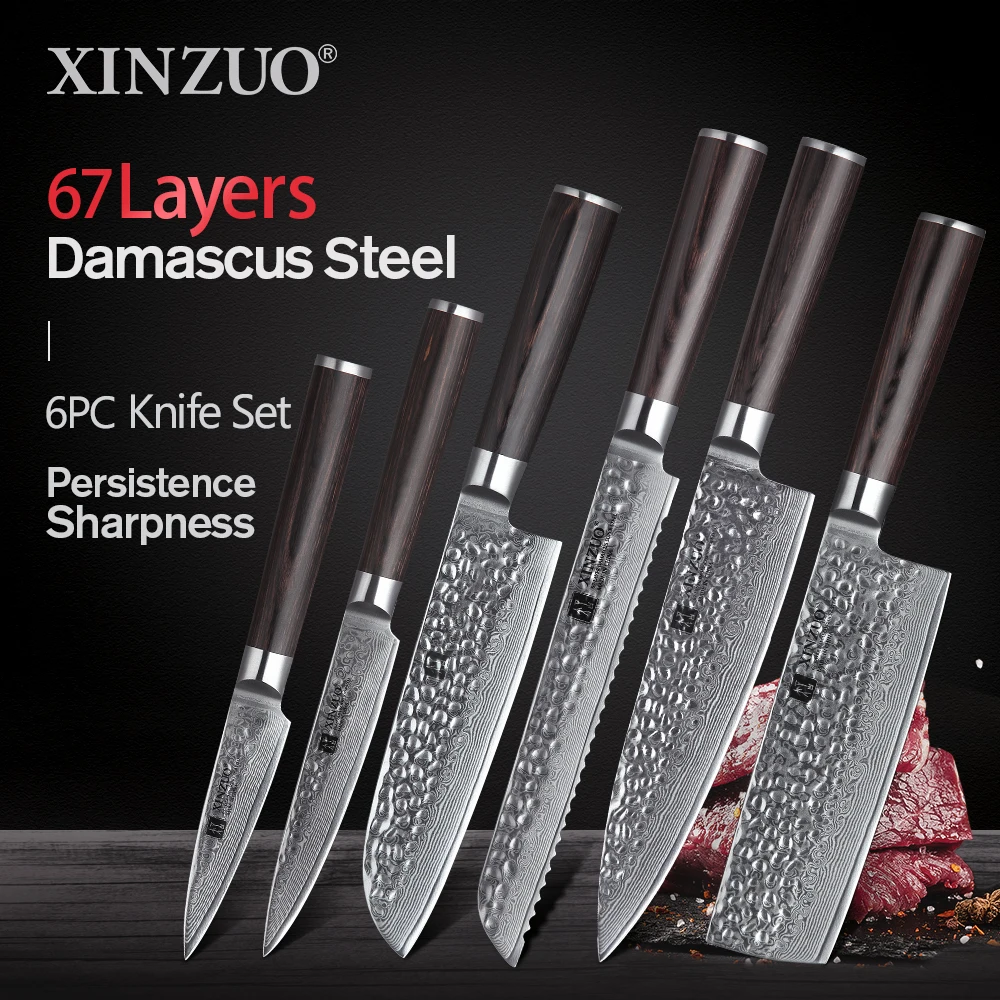 

XINZUO 6 PCS Knife Set Damascus Steel Pakkawood Handle Kitchen Knife Set 67Layer Chef Santoku Utility Paring Nakiri Bread Knife
