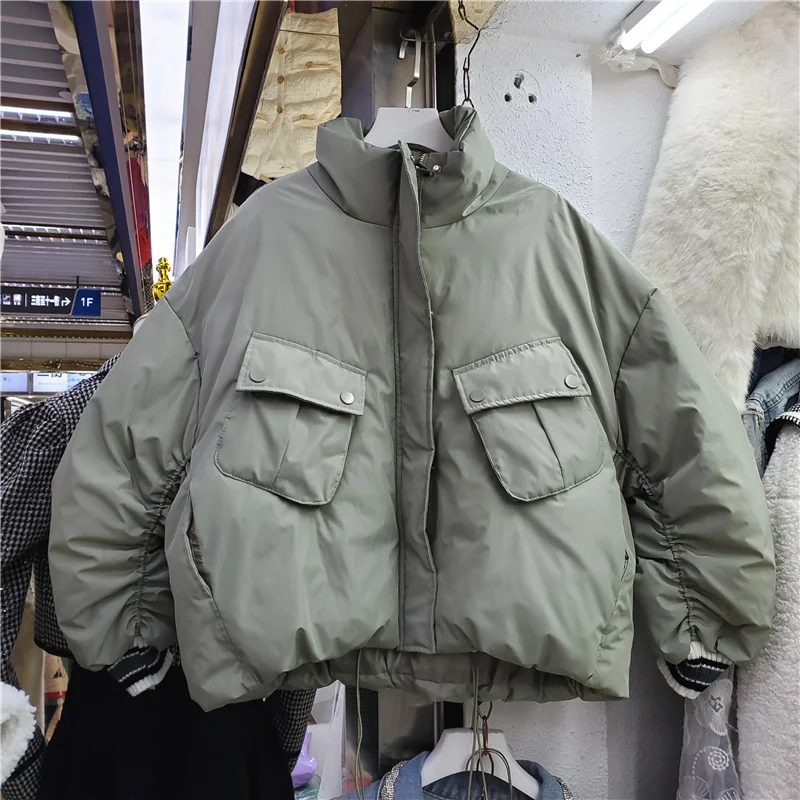 

SeeBeautiful Simple Loose Thick Jacket Coat Stand Long Sleeve Pocket Patchwork Zipper Warm New Fashion 2021 Winter Women G804