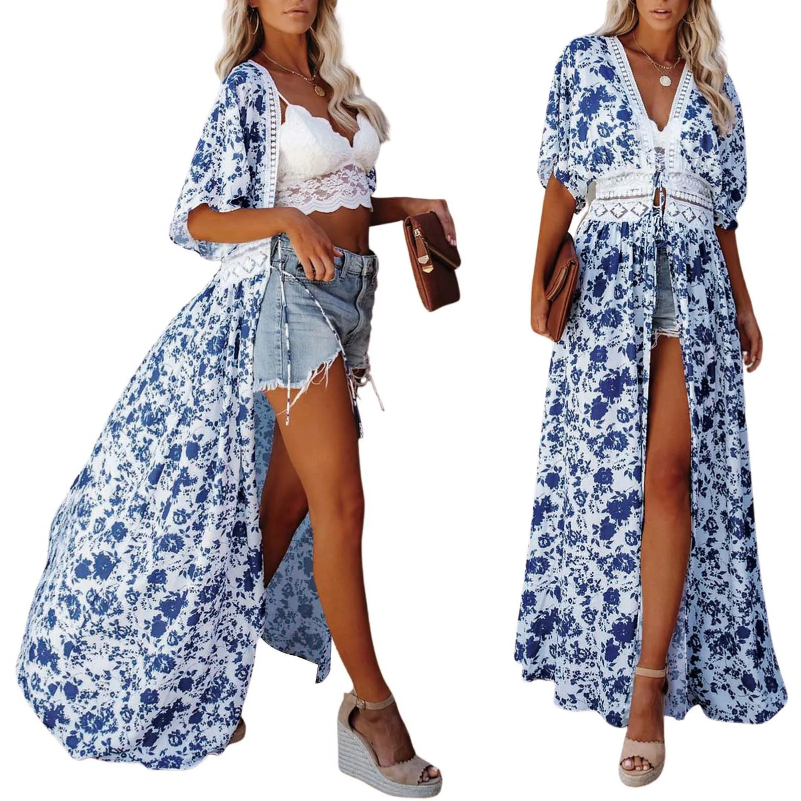 

Women's Middle Sleeve V-neck Cardigan, Girl's Loose Contrast Color Outer Wear, Casual High Waist Hollow Clothing