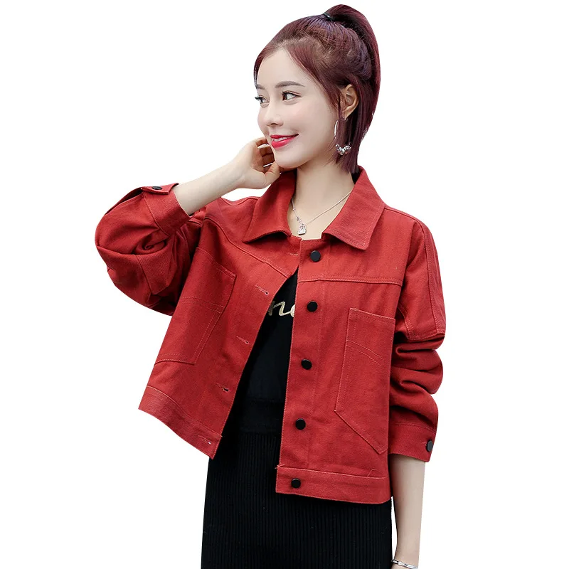 

Red Cropped Plus Size Loose Woman Jacket Denim 2021 Autumn Cotton Korean Fashion Casual Big Breast Coats Designer Jean Jacket