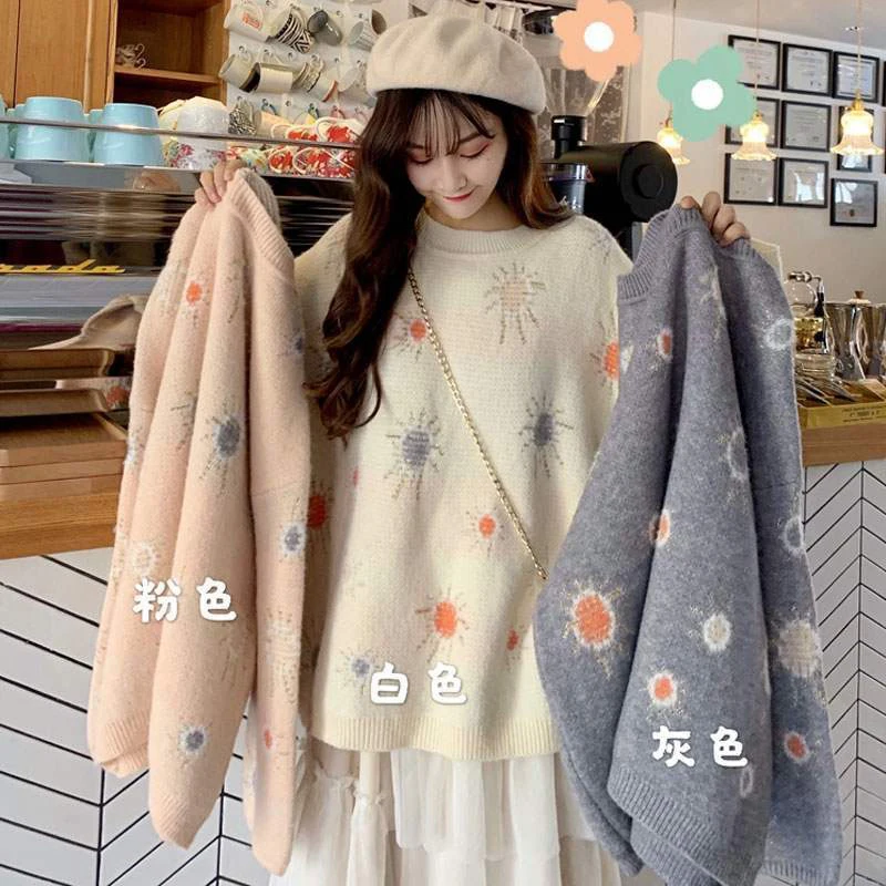 

Floral Embroidery Jacquard Women Knitted Pullover Oversize Sweaters New Winter Vintage Full Sleeve O Neck Teenage Soft Sweet Top