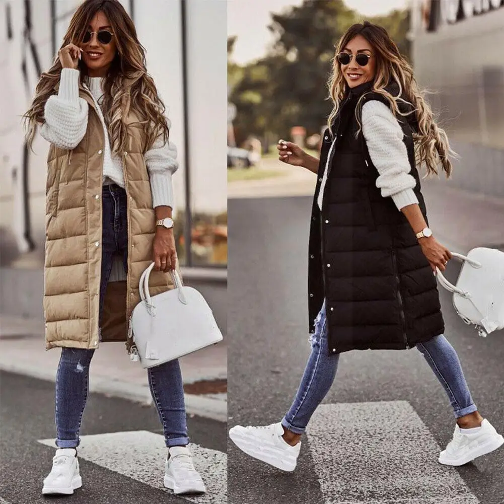 

Women Winter Coat Vest Fashion All-match Hooded Keep Black Khaki Vest Long Warm Sleeveless S6s6