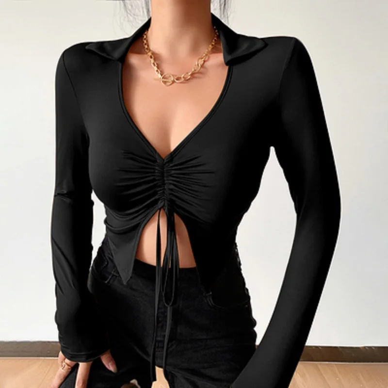 

Уличная плиссированная короткая футболка на шнуровке с длинными рукавами, Женский облегающий однотонный топ на бретелях в европейском и ам...