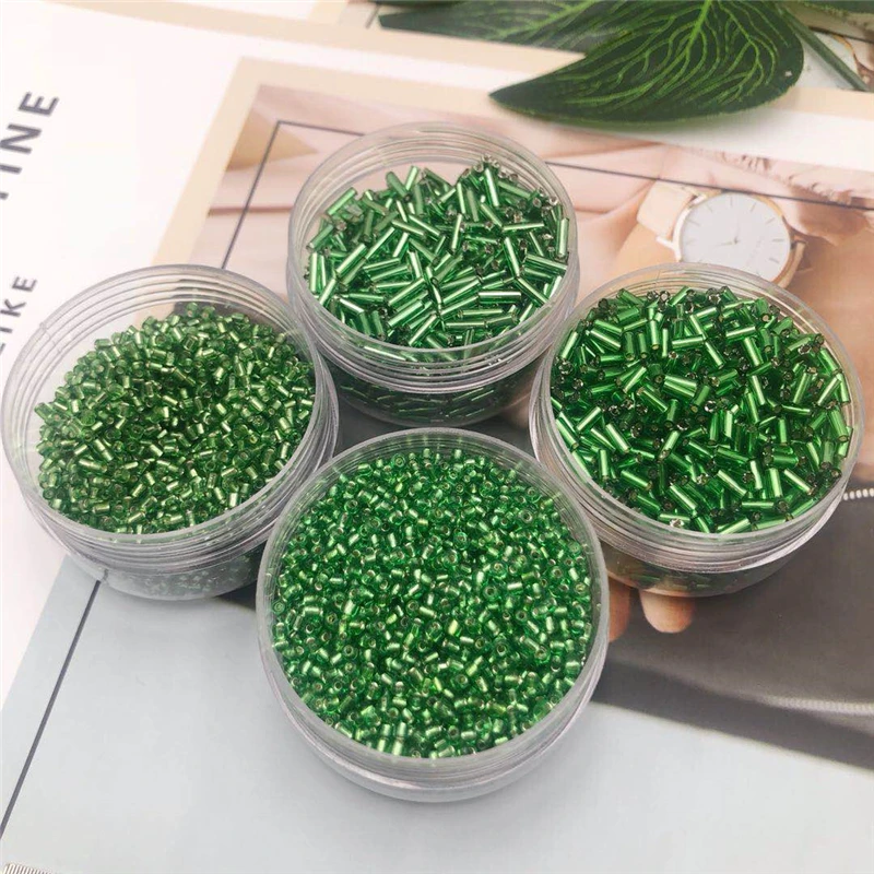 

Green Glass Seed Beads Multi Size Bugles Tube Silver Fill Beads Mutil Size DIY Beading Work Accessories 10g/lot