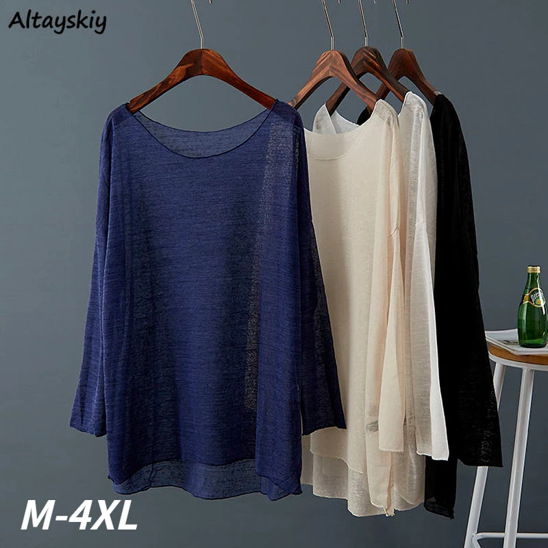 

T-shirts Women Large Size M-4XL Loose Solid Summer Fashion O-neck Female Simple Casual Long BF Style Sun-proof Ulzzang Popular