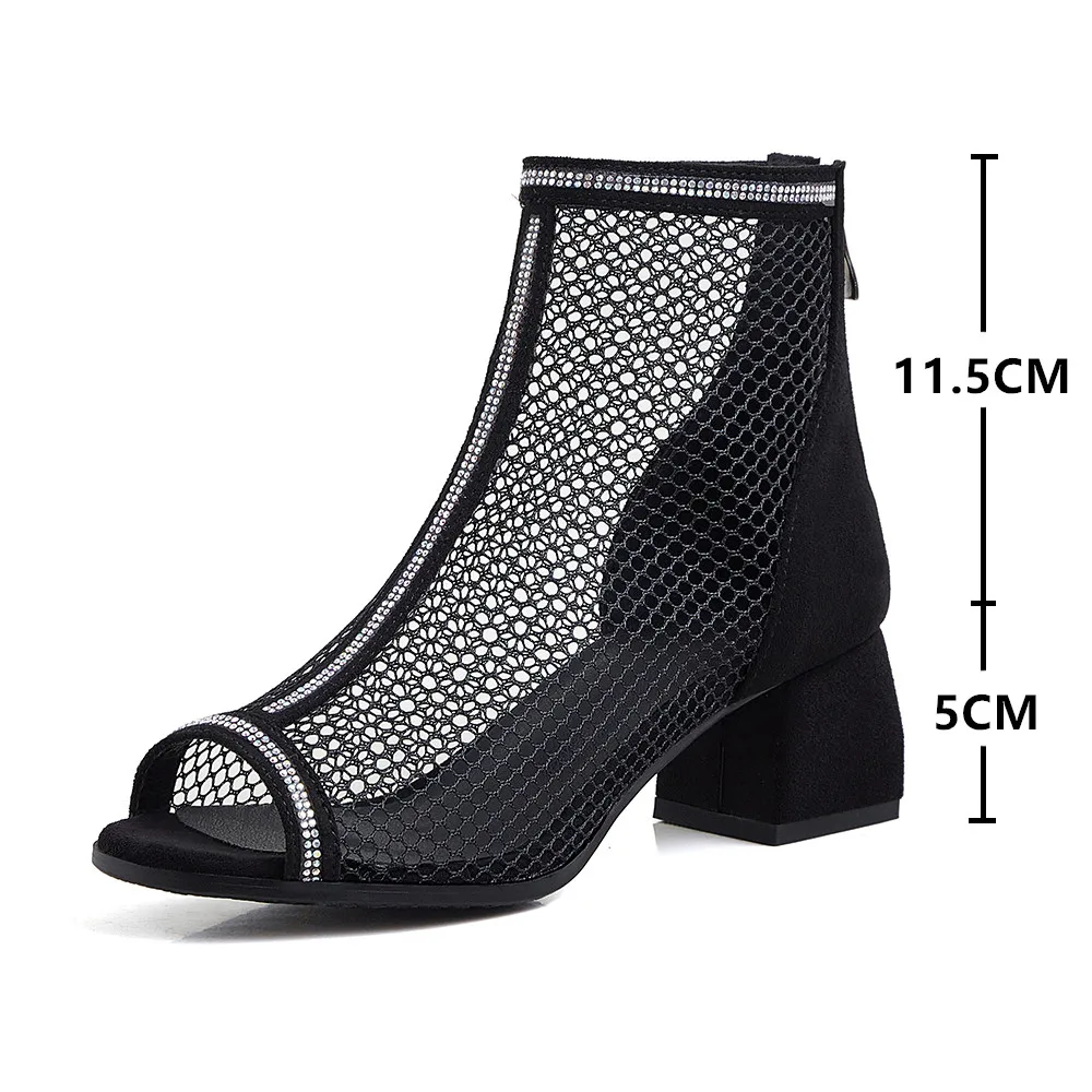 

2021 NEW Fish Mouth Mesh Women Summer Boots Black Zipper Mesh Botas Mujer Brand Design Female Shoes Ankle Booties Size 31 32 41