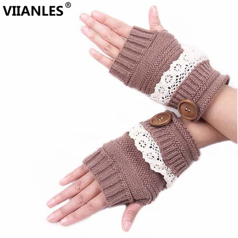 

VIIANLES Fingerless Gloves Women Warmer Button Lace Mitten Knitted Winter Mittens Soft Warm Fashion Glove Wrist Hand Gloves