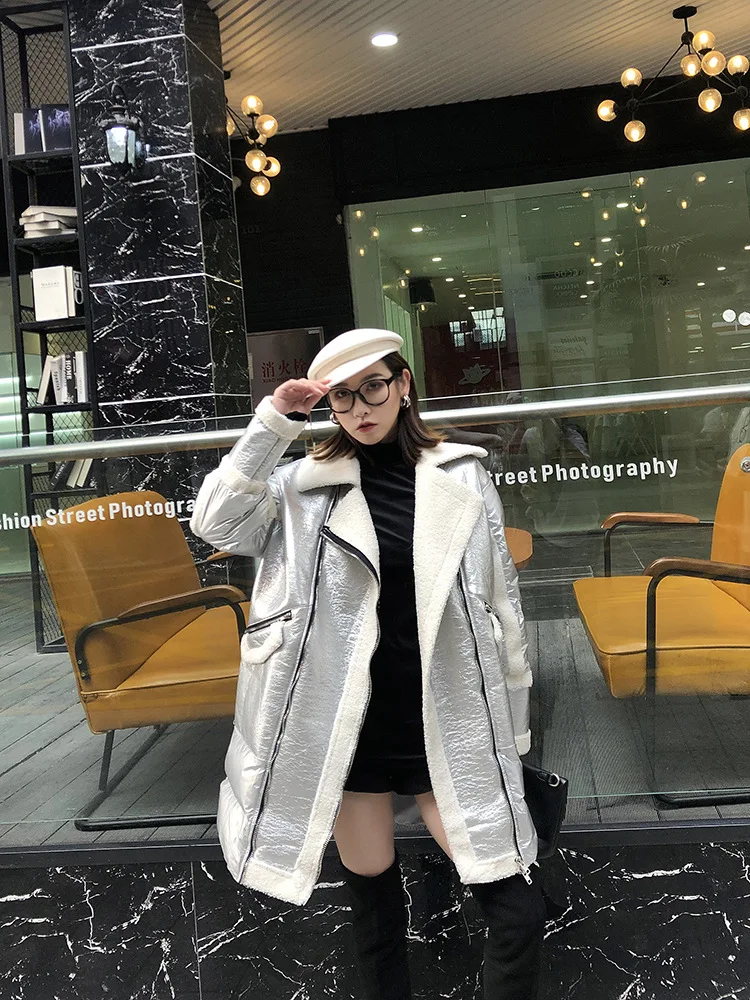 Ins, хит, серебро,, зимняя, Harajuku, свободная, с капюшоном, длинная, зимняя куртка, для женщин, теплая, уличная, овечья шерсть, пальто для женщин, SA048S30