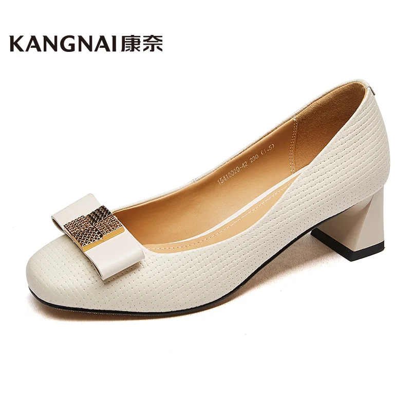

KANGNAI Pumps Shoes Women Cow Leather Heels Comfortable Shallow Round Toe Spring Office Lady Shoes
