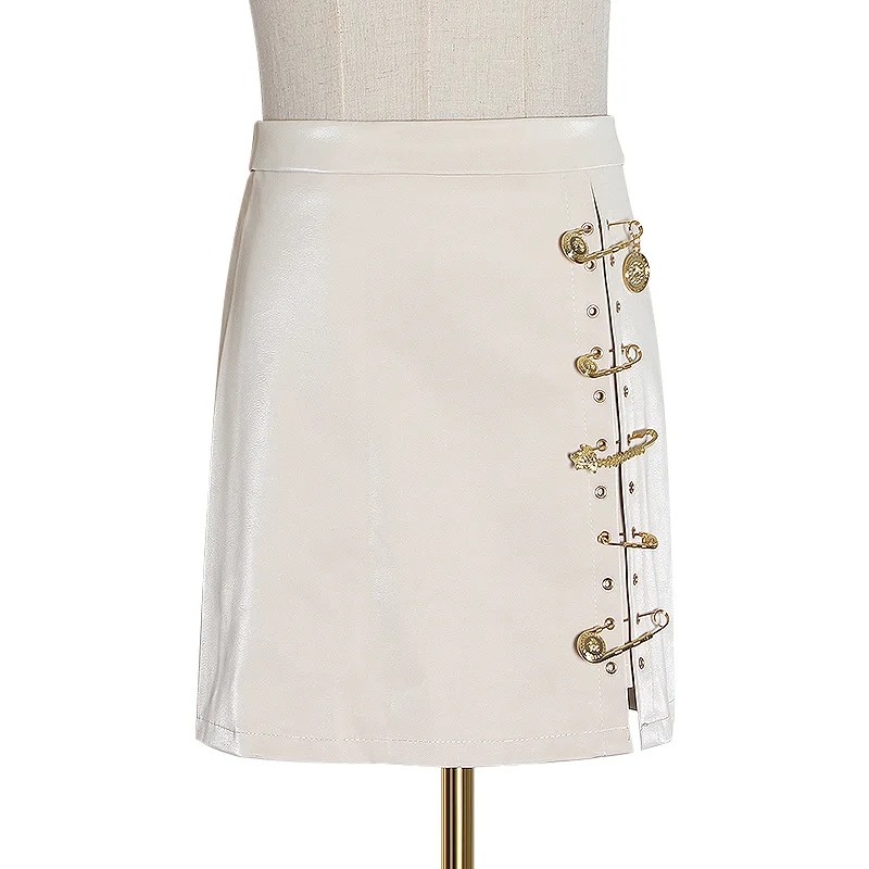 

Season's new high waist slim skirt women's metal pin pu leather skirt A- line skirt women's tide