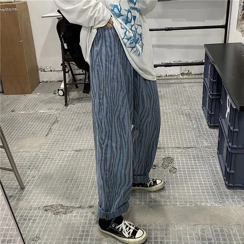 

Korean Striped Jeans Men's Fashion Casual Retro Wide-leg Jeans Men Streetwear Loose Hip-hop Straight-leg Denim Pants Mens M-XL