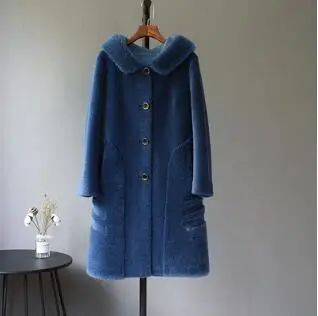 Blue Длинное женское пальто из композитного меха с овечьей шерстью, Шерстяная кепка, толстая теплая куртка из овечьей шерсти с капюшоном, большие размеры, ksr700 - Цвет: Blue