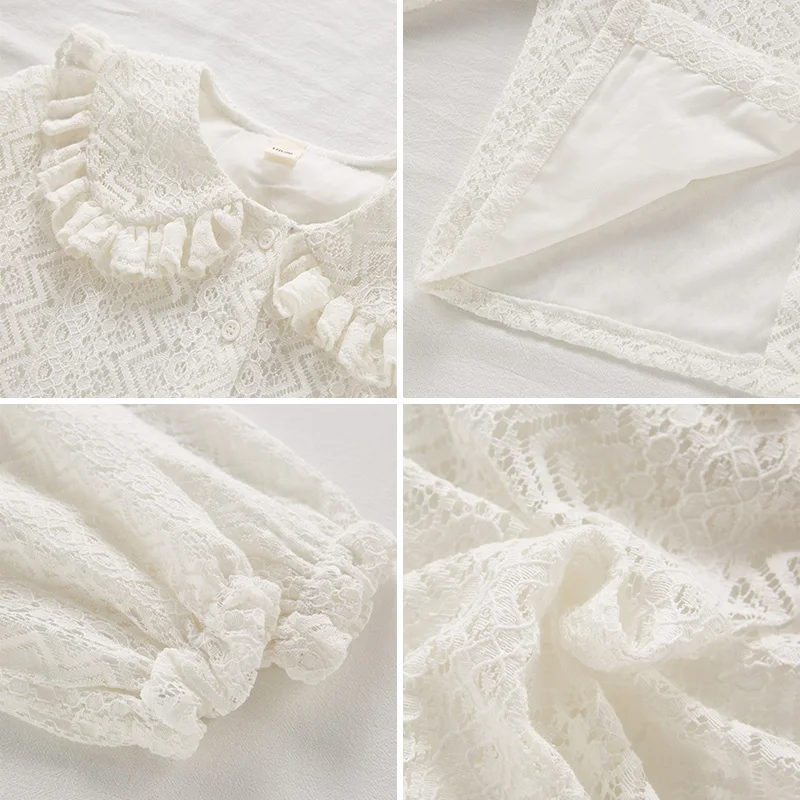 

Girl Long Sleeve Tops Peter Pan Collar White Shirt Lace Blouse Autumn Solid Sweet Cute Girls Tops kids clothes girls 8 to 12